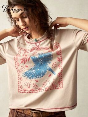 Bohemela Cream Short-Sleeve Tee with Blue Bird Graphic